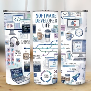 Może przedstawiać: Kubek ze stali nierdzewnej z akwarelowym wzorem przedstawiającym życie programisty. Projekt zawiera ekrany komputerów, filiżanki kawy, fragmenty kodu i tekst "SOFTWARE DEVELOPER LIFE".