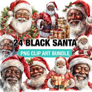 Black Santa PNG Clipart Bundle, 24 African American Santa Digital Art Christmas PNGs for Holiday Crafts