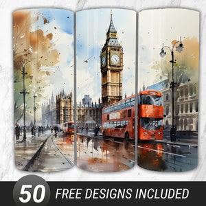 Watercolor Big Ben Tumbler Wrap PNG, 3D London 20oz Skinny Tumbler Sublimation Design, London Straight Tumbler Wrap Digital Download PNG