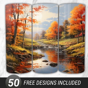May include: A three-panel painting depicting a serene autumn scene. The painting features a winding river flowing through a forest with vibrant red, orange, and yellow leaves. The water reflects the colors of the trees, creating a beautiful and peaceful image.