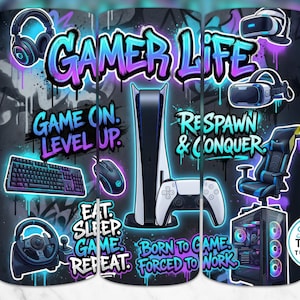 Descarga digital de Gamer Life Tumbler Wrap, consola de juegos, auriculares, realidad virtual, teclado, ratón, joystick, silla de juego, alta resolución, recto