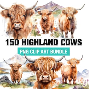 Watercolor Highland Cow PNG Bundle, 150 Cute Farm Animal Clipart for Cricut, Sublimation & Tumbler Wraps, High Resolution Digital Download