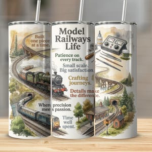 Könnte beinhalten: Ein Edelstahlbecher mit einer Aquarellillustration von Modelleisenbahnen auf Gleisen, Brücken und Tunneln. Der Text lautet "Model Railways Life" und andere Sätze über das Hobby. Enthält einen Strohhalm.