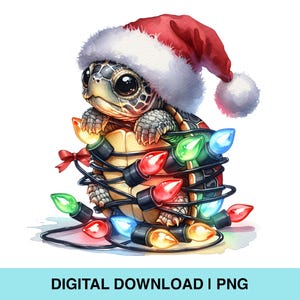May include: A watercolor illustration of a turtle wearing a Santa hat and wrapped in colorful Christmas lights. The turtle has large, expressive eyes and a shell with a detailed pattern. The lights are red, green, blue, and yellow.