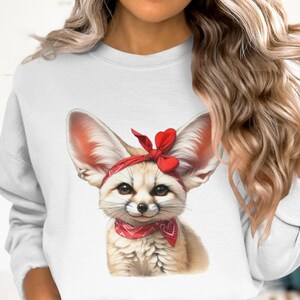 Women's Cute Fennec Fox Graphic Sweatshirt, White Casual Pullover, Animal Print Top with Red Bandana