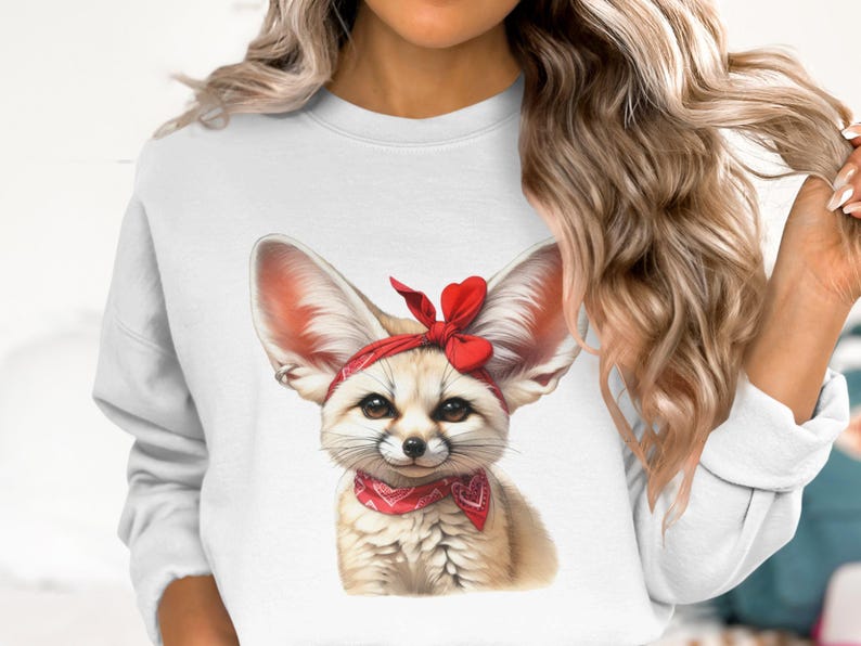 Women's Cute Fennec Fox Graphic Sweatshirt, White Casual Pullover, Animal Print Top with Red Bandana