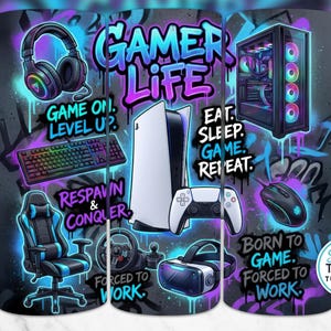 Funda para vaso Gamer Life, descarga digital, para videojuegos, consola, mando, PC, auriculares, cónica recta, alta resolución de 300 ppp