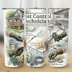Diseño digital para envolver un vaso con la imagen de un técnico de control de plagas, un vaso delgado de 20 oz con forma cónica recta (PNG) para exterminadores, un regalo ideal para él.