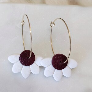 Half flower polymer clay hoop earrings, gold hoop earrings, white flower earrings, boho earrings, spring earrings, dangle earrings