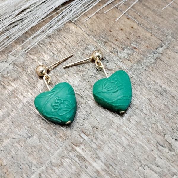 Green textured puffy heart polymer clay dangle earrings, st Patrick's Day, true green earrings, unique earrings, floral vine earrings