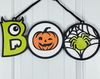 Znak na drzwi na Halloween BOO Dekoracja ścienna na Halloween Drewniany wieszak na werandę Upiorny znak na drzwi z drewna Prezent na Halloween Straszny wystrój na Halloween Dynia