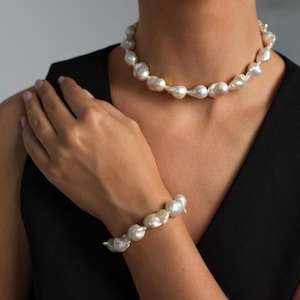 Pearl jewelry set for bride, Wedding jewelry sets, Real pearl necklace, Freshwater pearl bracelet, 6th anniversary gift, Statement necklace