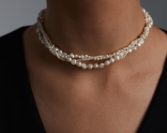 Pépite blanche, perles d'eau douce, pépite irrégulière, rocailles, triple collier, cadeau de Noël pour elle, collier de luxe, bijoux populaires