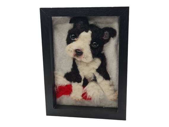 felted picture "Boston Terrier", bulldog baby, hand felted dog in picture, dog picture,
