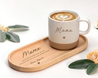 Geschenkset Tasse und Tablett, Keramiktasse personalisiert, Teetasse für Mama, Holztablett Mama Gravur, Individuelle Muttertagsgeschenk Idee