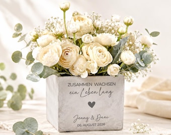 Hochzeitsgeschenk | Personalisierter Blumentopf mit Gravur Zusammen wachsen in Betonoptik | Geldgeschenk Idee | Paargeschenk personalisiert