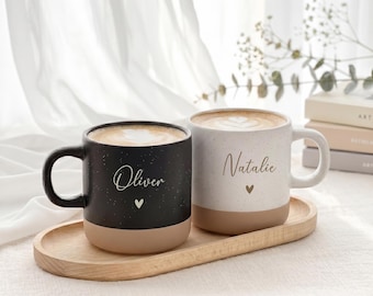 Gift set for couples: mugs with tray | Engraved ceramic mug with names, personalized wedding gift for the bride and groom, anniversary mugs