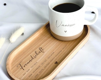 Personalized mug with name – mug and tray set | Gift for girlfriend – wooden tray – friendship engraving – gift idea for friends