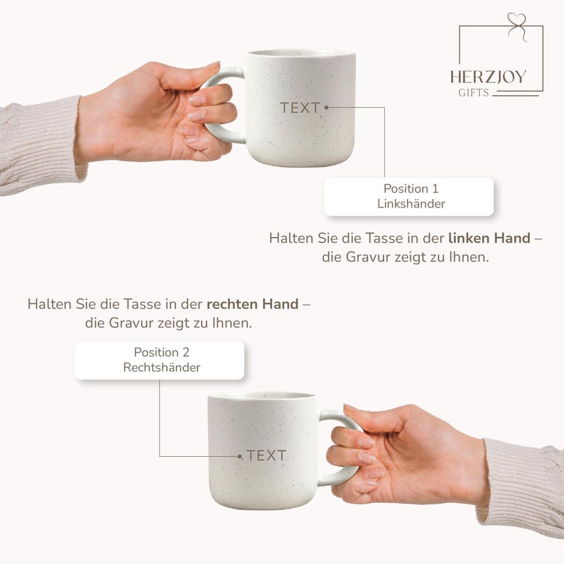 Personalisierte Keramiktasse mit Namen wird in der Hand gehalten – beige, gesprenkelt, 360 ml. Ideal für gemütliche Morgenmomente mit Kaffee oder Tee. Perfektes Geschenk für Freundin, Frau oder Kollegin. Emotionales Produktfoto mit Fokus auf Individualität und Wärme – für besondere Menschen, Abschiede oder kleine Freuden im Alltag. Steingut Tasse . Geschenk für Herzensmensch und Lieblingsmensch