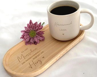 Taza de café "Herzmensch" + bandeja | Regalo para novia, taza con nombre, taza de cerámica, regalo para madre e hija, regalo de despedida para compañera de trabajo, taza
