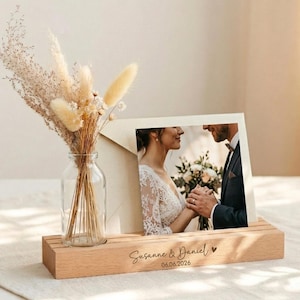Hochzeitsgeschenk Personalisiert mit Namen, Geldgeschenk zur Hochzeit, Fotohalter mit Vase, Kartenständer mit Gravur, Geschenk für Brautpaar