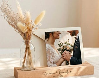 Hochzeitsgeschenk Personalisiert mit Namen, Geldgeschenk zur Hochzeit, Fotohalter mit Vase, Kartenständer mit Gravur, Geschenk für Brautpaar