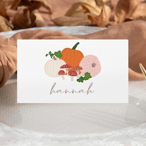 Marque-places d'automne citrouilles et champignons, plat ou plié
