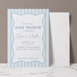 Babypartyeinladung Junge - 5x7 Blaue gewellte moderne Einladung - Bearbeitbare Vorlage