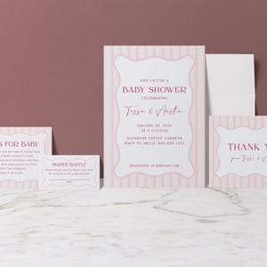 Roze streep babyshoweruitnodigingset - uitnodiging, bedankkaart, boeken voor baby, loterijticket