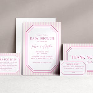 Roze streep babyshoweruitnodigingset - uitnodiging, bedankkaart, boeken voor baby, loterijticket