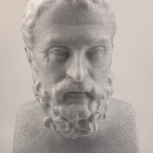 May include: A white plaster bust of a man with a beard. The bust is detailed with a textured surface.