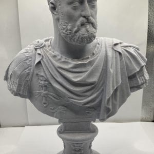 Puede incluir: Busto gris de un hombre con barba y pelo corto, que lleva una prenda drapeada sobre los hombros. La escultura está montada sobre una base de pedestal decorativa. El busto es una obra de arte clásico.