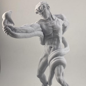 May include: A white 3D printed sculpture of a man with a snake wrapped around his body. The sculpture is on a white base.