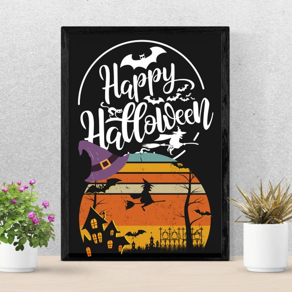 Halloween Wall Art for Party Decor, Felt Witch Hat Poster, Happy Halloween Themed Print, Instant Download