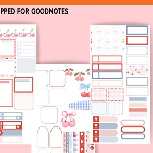 May include: A set of digital stickers featuring gingham patterns, cherries, and hearts. The stickers are pre-cropped for use in the Goodnotes app.  The stickers are in red, blue, white, and pink.