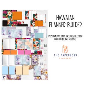 May include: A collection of digital planner templates with floral Hawaiian designs. The planners feature various colors, including orange, pink, blue, and purple, with open book layouts. Text on the image reads "HAWAIIAN PLANNER BUILDER".