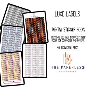 May include: Digital sticker book with various label designs displayed on tablets. The tablets showcase labels in different color schemes, including silver, brown, blue, and purple. The text "LUXE LABELS" and "DIGITAL STICKER BOOK" are also visible.