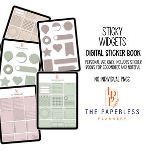 May include: Digital sticker book with various widgets in neutral tones, including shapes and planner layouts. The text reads "Sticky Widgets Digital Sticker Book" and "The Paperless Plannery".