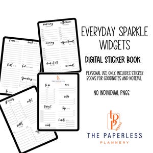 May include: Digital sticker book with the text "EVERYDAY SPARKLE WIDGETS" and "DIGITAL STICKER BOOK". The image shows several digital planner pages with sections for to-do lists, schedules, and notes. The planner pages are black and white.