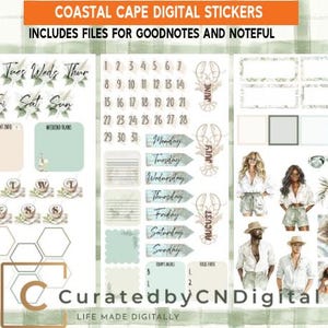 Può includere: Sticker digitali per le app Goodnotes e Noteful con un tema costiero. Gli adesivi includono un calendario, i giorni della settimana, un'aragosta, una scena di spiaggia e una varietà di altri design.