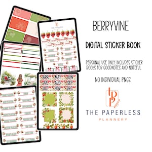 Puede incluir: Libro de pegatinas digitales con temática de bayas, mostrado en varias tabletas. Las pegatinas presentan diseños de fresas y flores, con texto que incluye meses y días. También se ve el texto "BERRYVINE" y "DIGITAL STICKER BOOK".