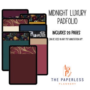 May include: A collection of digital padfolios in various colors, including burgundy, teal, and cream, with floral and gold swirl designs. The text reads "MIDNIGHT LUXURY PADFOLIO" and "INCLUDES 23 PAGES". The Paperless Plannery logo is also visible.