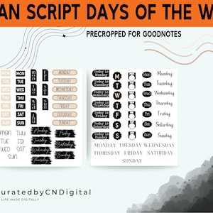 May include: A set of black and white printable planner stickers with days of the week in a clean script font. The stickers are precropped for Goodnotes.