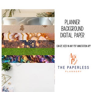 May include: A digital paper background image with various textures, including wood, stone, grass, and a colorful, iridescent surface. The text reads "PLANNER BACKGROUND DIGITAL PAPER" and "CAN BE USED IN ANY PDF ANNOTATION APP."