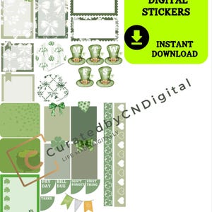 May include: Digital stickers for March with a green and white colour scheme. The stickers feature shamrocks, bows, and a leprechaun hat. The text "MATCHA MARCH DIGITAL STICKERS" is at the top of the image. The text "INSTANT DOWNLOAD" is at the bottom of the image.