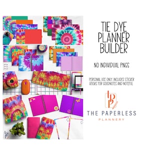 Könnte beinhalten: Ein digitales Tie-Dye-Planer-Baukasten-Set mit verschiedenen bunten Tie-Dye-Mustern auf Planer-Einbänden, Seiten und Aufklebern. Der Text umfasst TIE DYE PLANNER BUILDER, NO INDIVIDUAL PNGS, PERSONAL USE ONLY und THE PAPERLESS PLANNER.