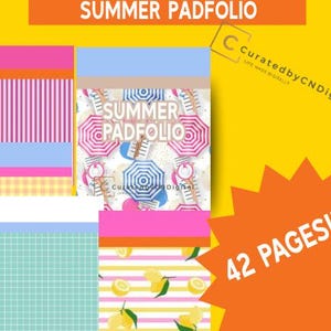 May include: A colorful summer padfolio with a beach umbrella design, featuring pink, blue, and white accents. The padfolio includes the text "Summer Padfolio" and "42 Pages!!!!". The background is yellow.