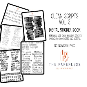 以下が含まれることがあります： デジタルステッカーブック「Clean Scripts Vol. 5」には、さまざまなプランナーステッカーが含まれています。 ステッカーには、カレンダーの日付、毎日のタスク、リマインダーが含まれています。 デザインはミニマリストで、白地に黒い文字が使用されています。