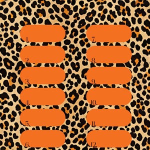 May include: A leopard print background with twelve orange rectangular shapes, each numbered from one to twelve. The leopard print features black and brown spots on a tan background.