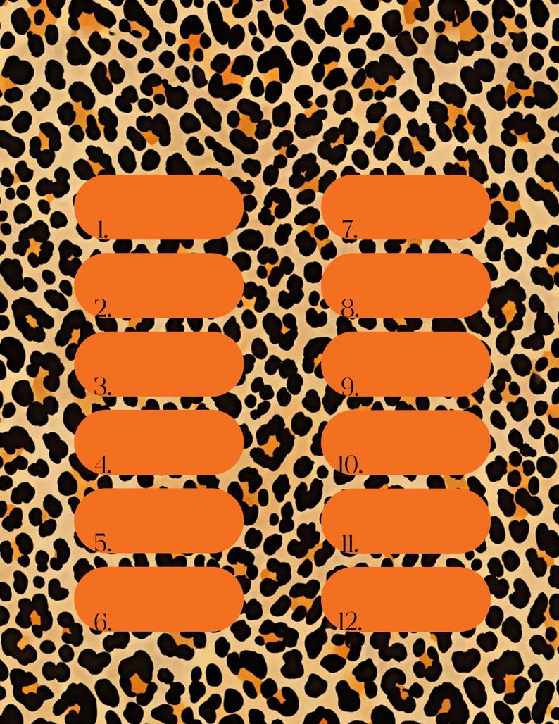 May include: A leopard print background with twelve orange rectangular shapes, each numbered from one to twelve. The leopard print features black and brown spots on a tan background.